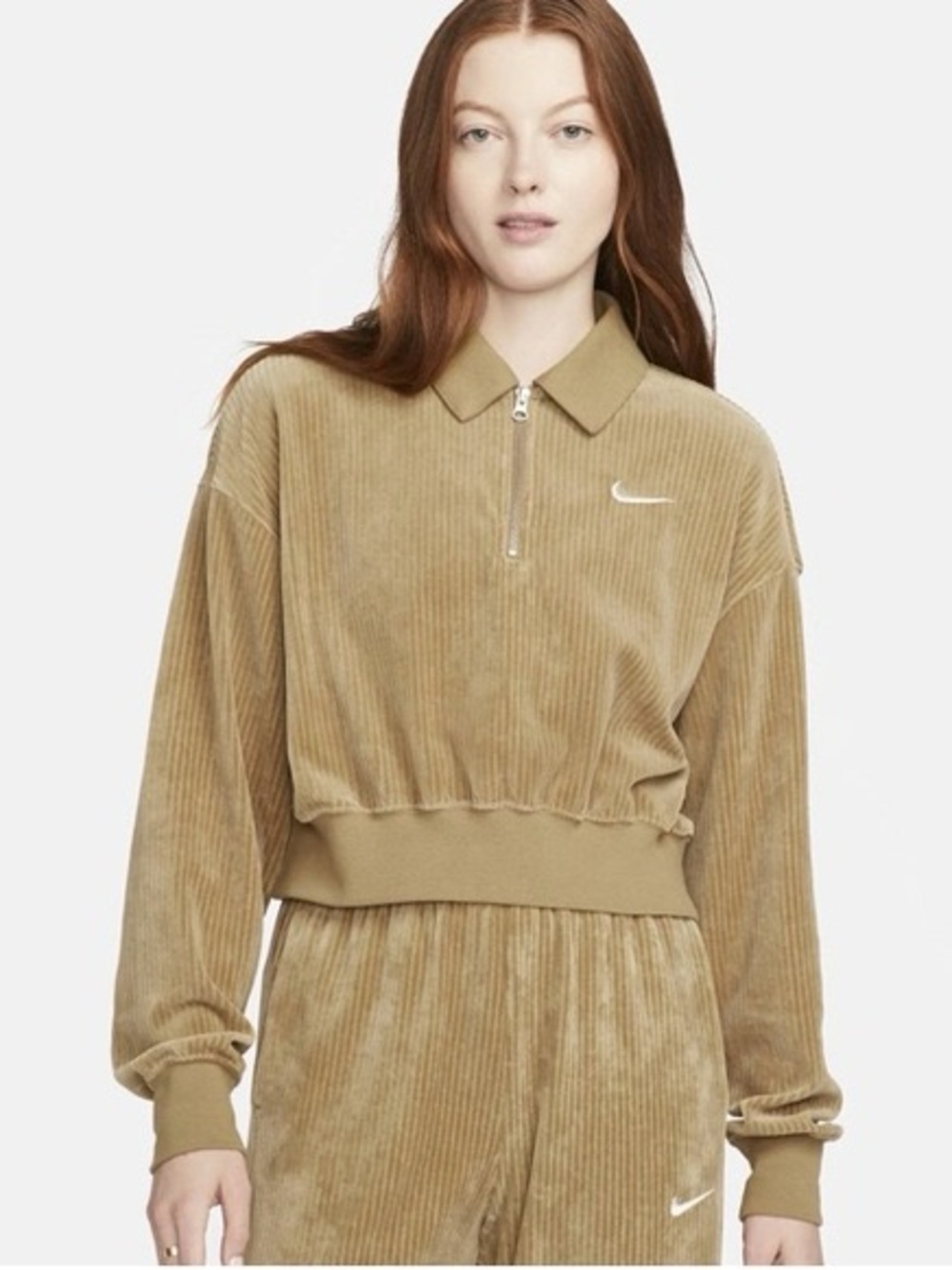 Nike Corduroy Cropped Quarter-Zip Pullover - Tan